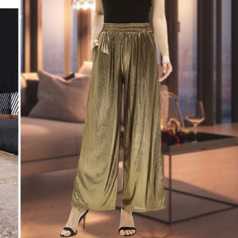 GRACE KARIN Elastic Shiny Gold Wide Leg Pant